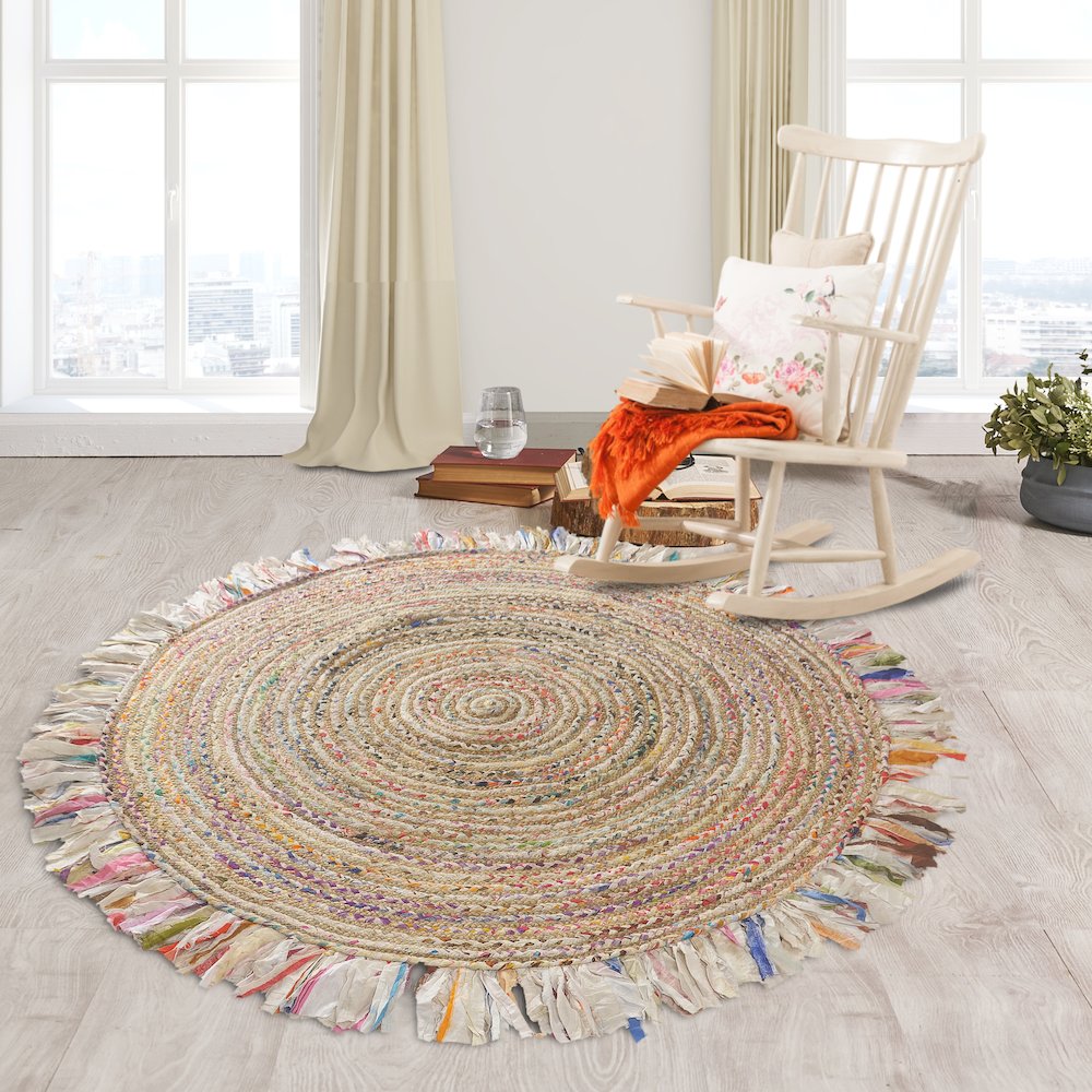 Boutique Jute Cotton Blend Area Rug Indoor in White/Multicolored, 5'6" Round. Picture 8