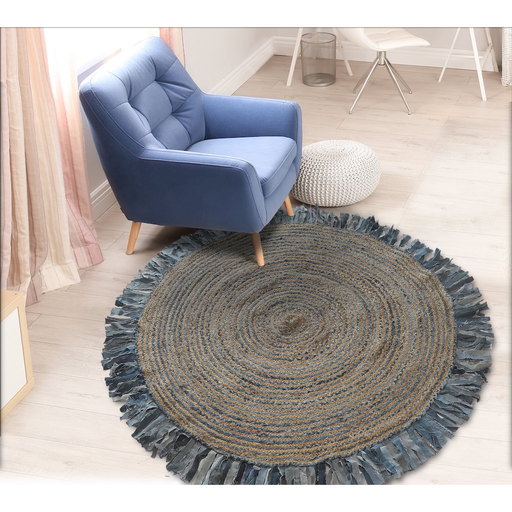 Boutique Jute Cotton Blend Area Rug Indoor in Blue/Multicolored, 5'6" Round. Picture 8