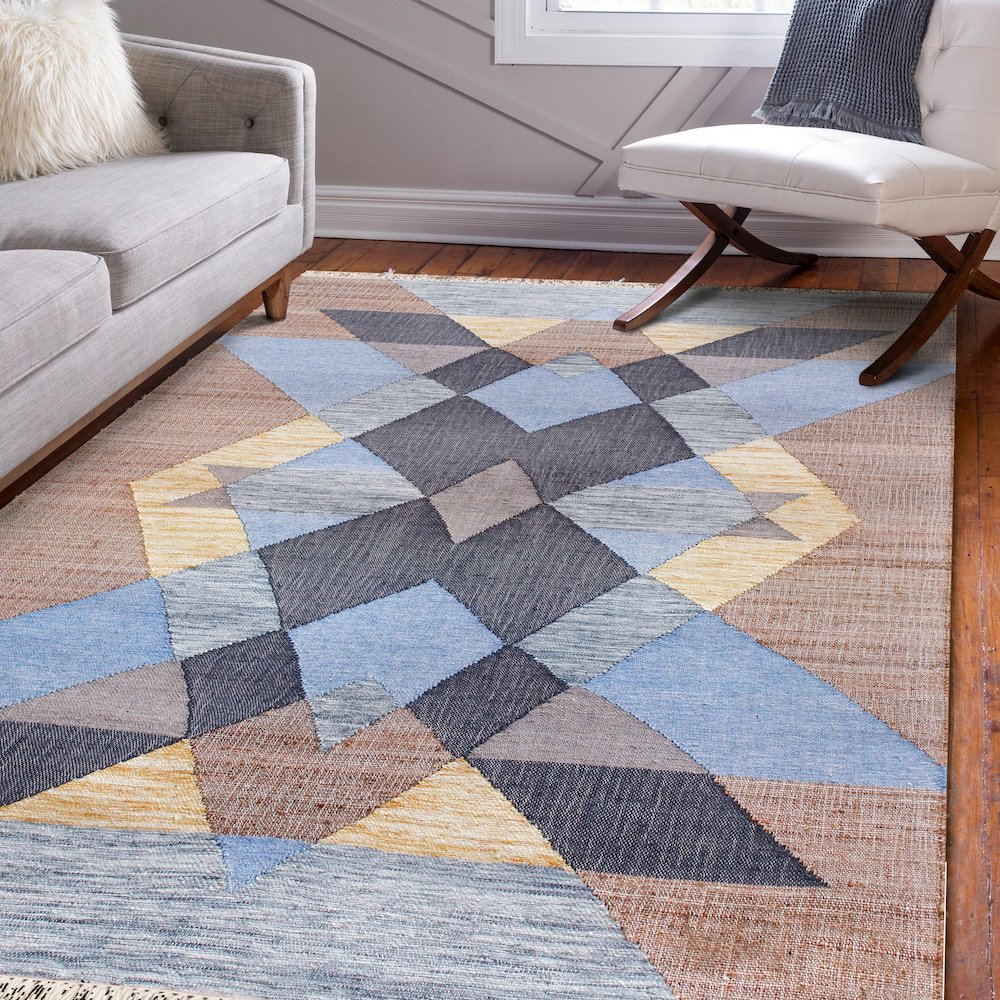 Abstract Overlay Handwoven Jute and Chotton Dhurrie Area Rug. Picture 9