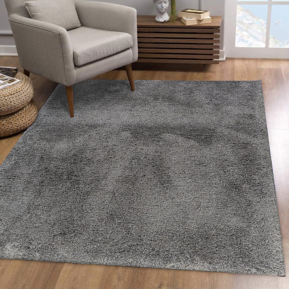 Black Shag Solid Hand-Loomed Polyester Indoor Area Rug. Picture 2