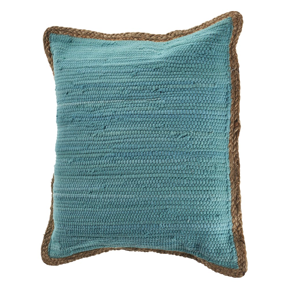 Solid Turquoise Blue Jute Bordered Throw Pillow. Picture 4