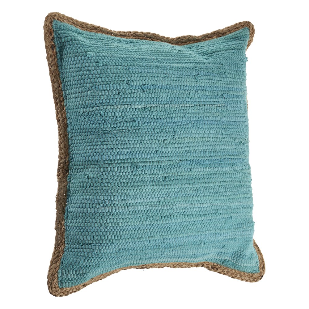 Solid Turquoise Blue Jute Bordered Throw Pillow. Picture 5