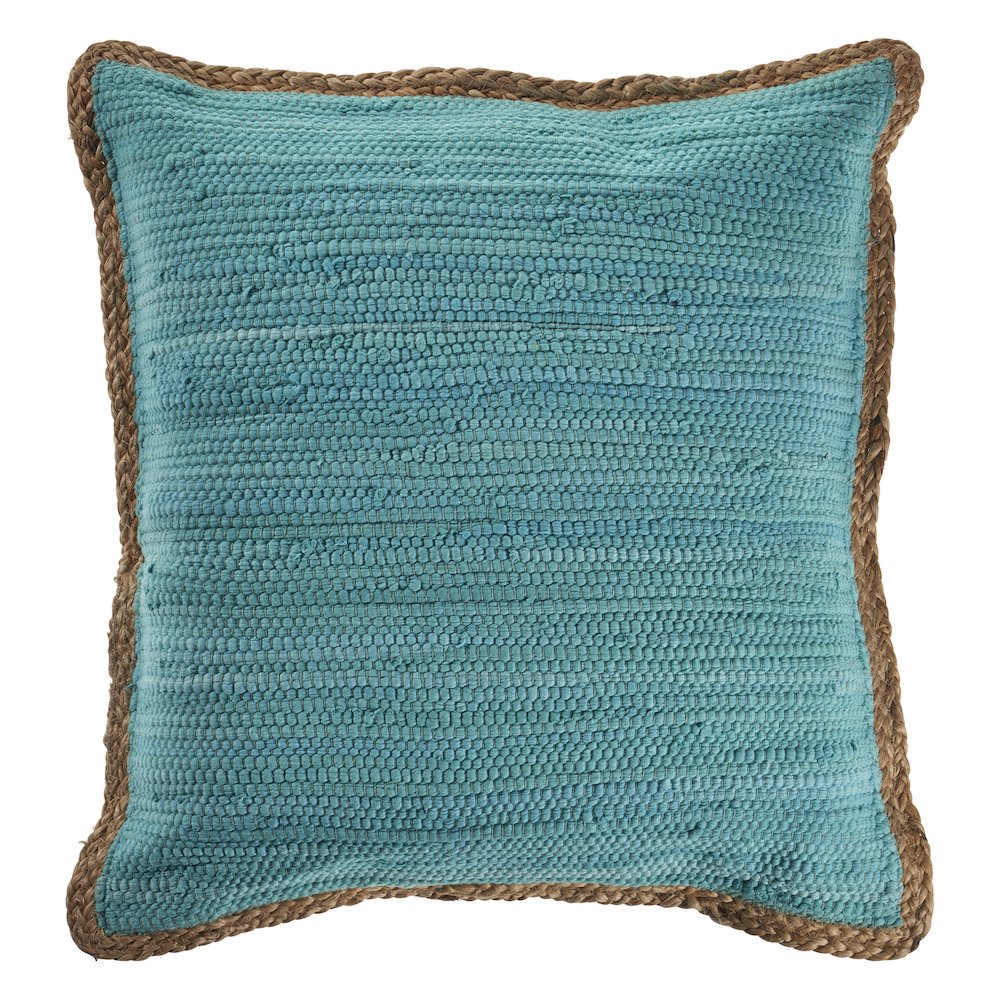 Solid Turquoise Blue Jute Bordered Throw Pillow. Picture 1