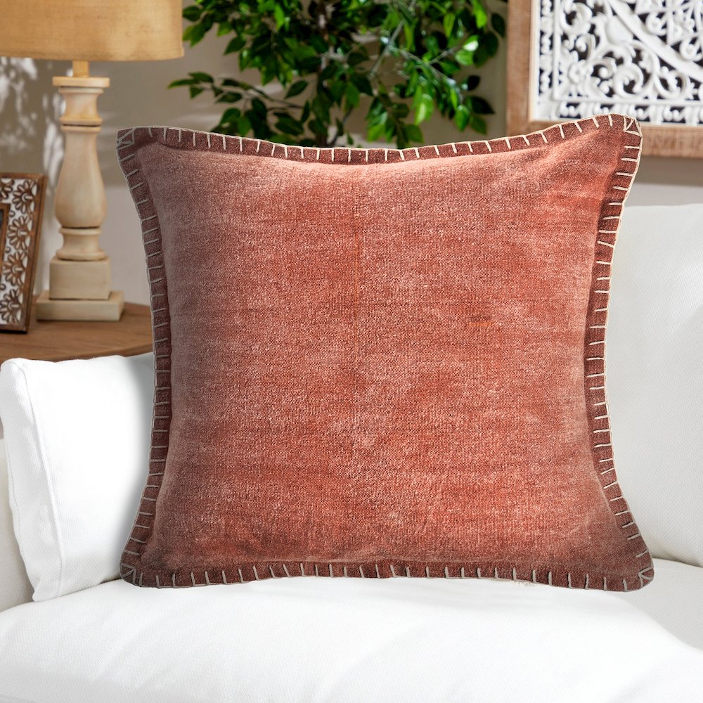 Embroidered Edge Bordered Solid Throw Pillow. Picture 2