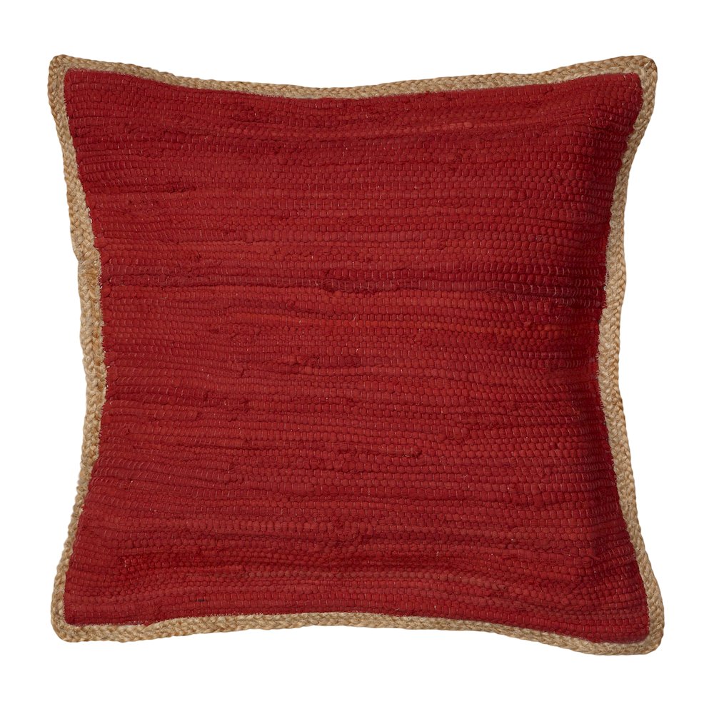 Solid Cardinal Red Jute Bordered Throw Pillow. Picture 1