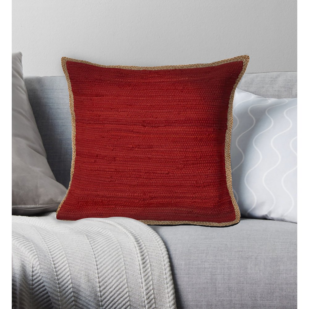 Solid Cardinal Red Jute Bordered Throw Pillow. Picture 2