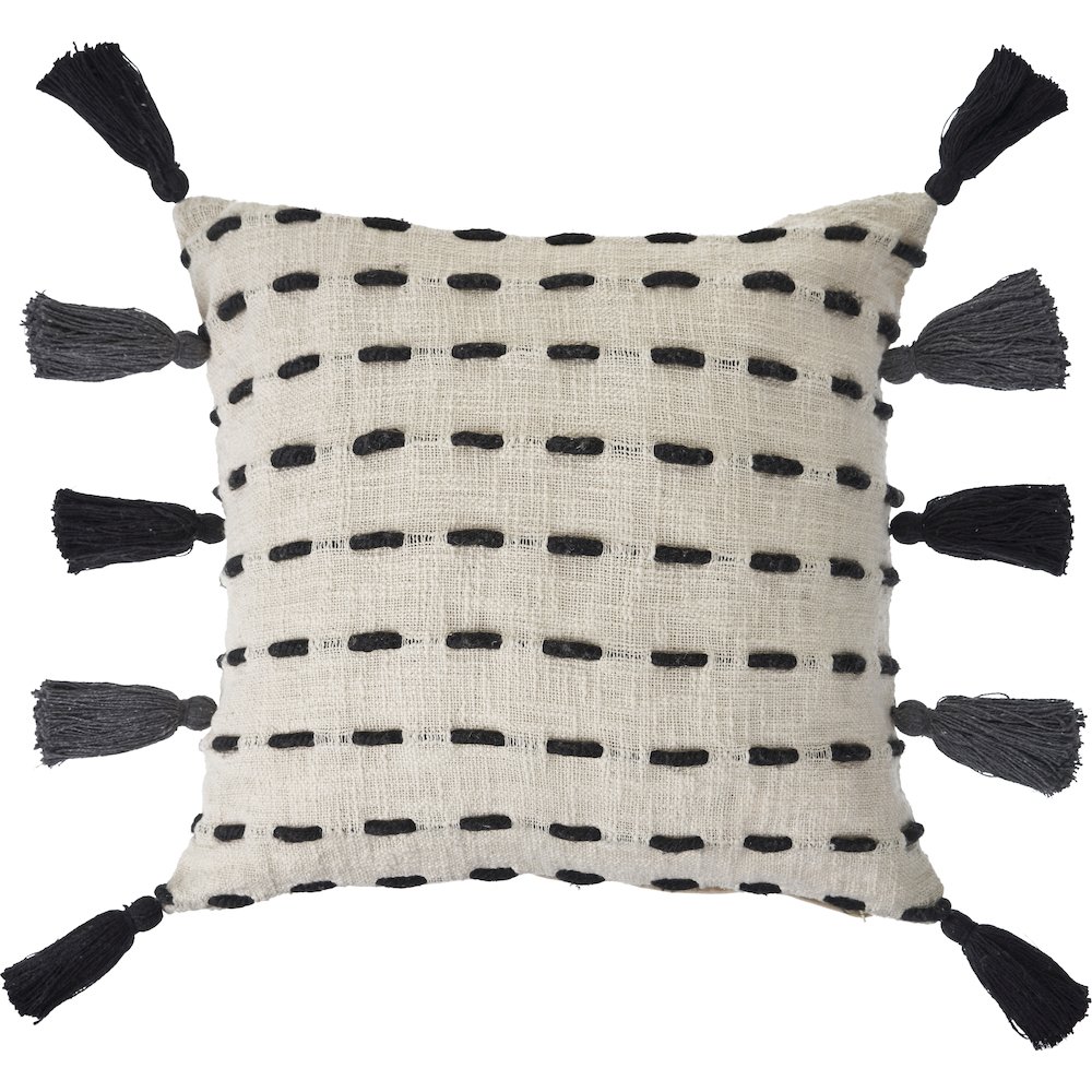 Evette Rios Elevate Tasseled Black and Cream Stitched Throw Pillow. Picture 1