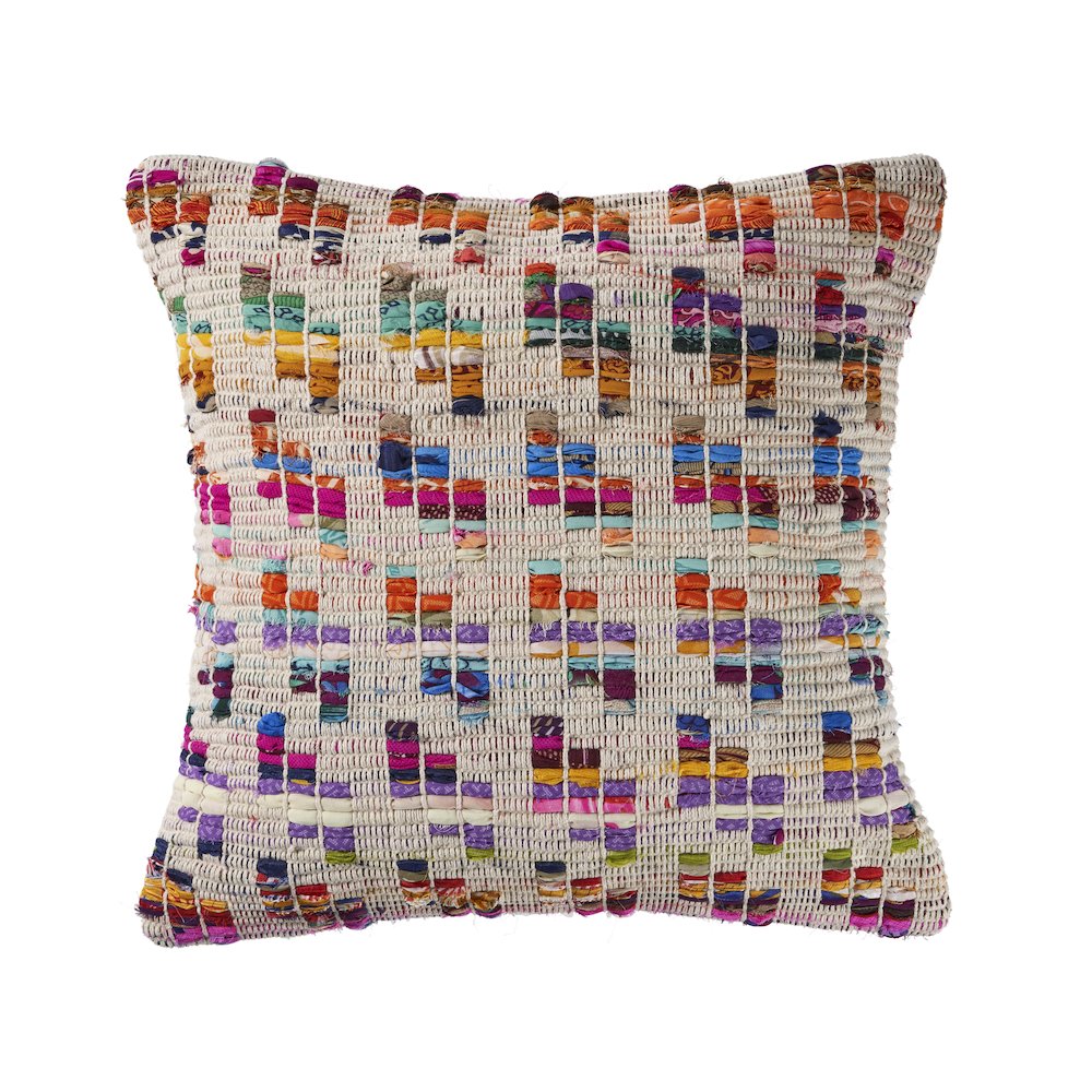 Eclectic Multicolored Chindi Throw Pillow. Picture 1