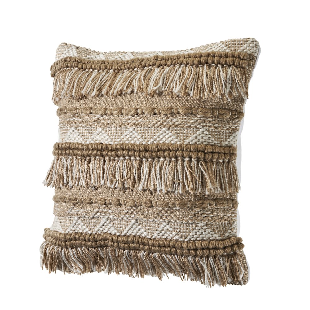 Neutral Geometric Fringe Indoor Outdoor Throw Pillow. Picture 4