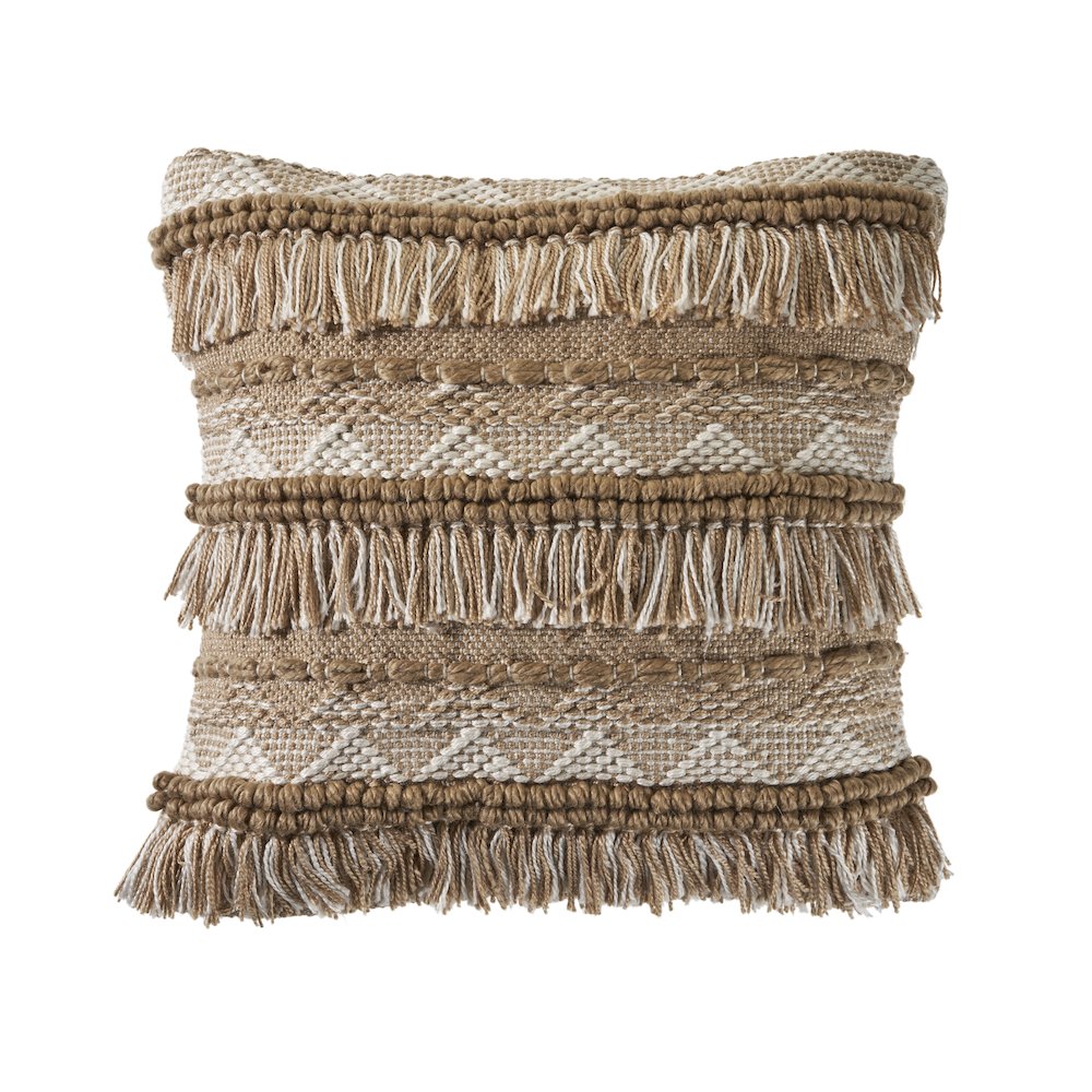 Neutral Geometric Fringe Indoor Outdoor Throw Pillow. Picture 1