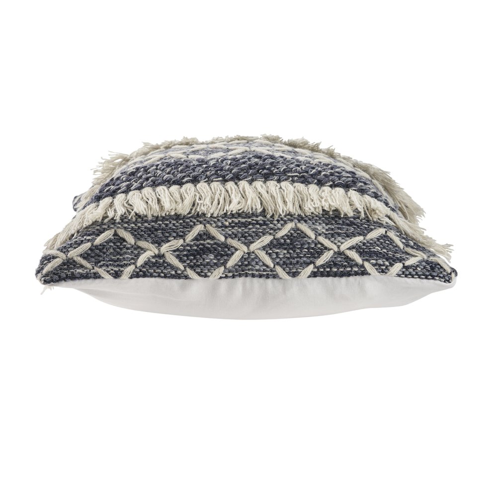 Navy and Ivory Textured with Fringe Throw Pillow. Picture 3