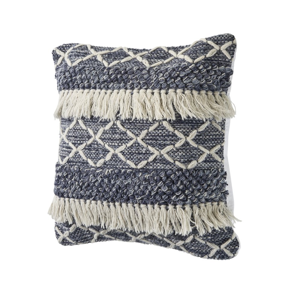 Navy and Ivory Textured with Fringe Throw Pillow. Picture 4