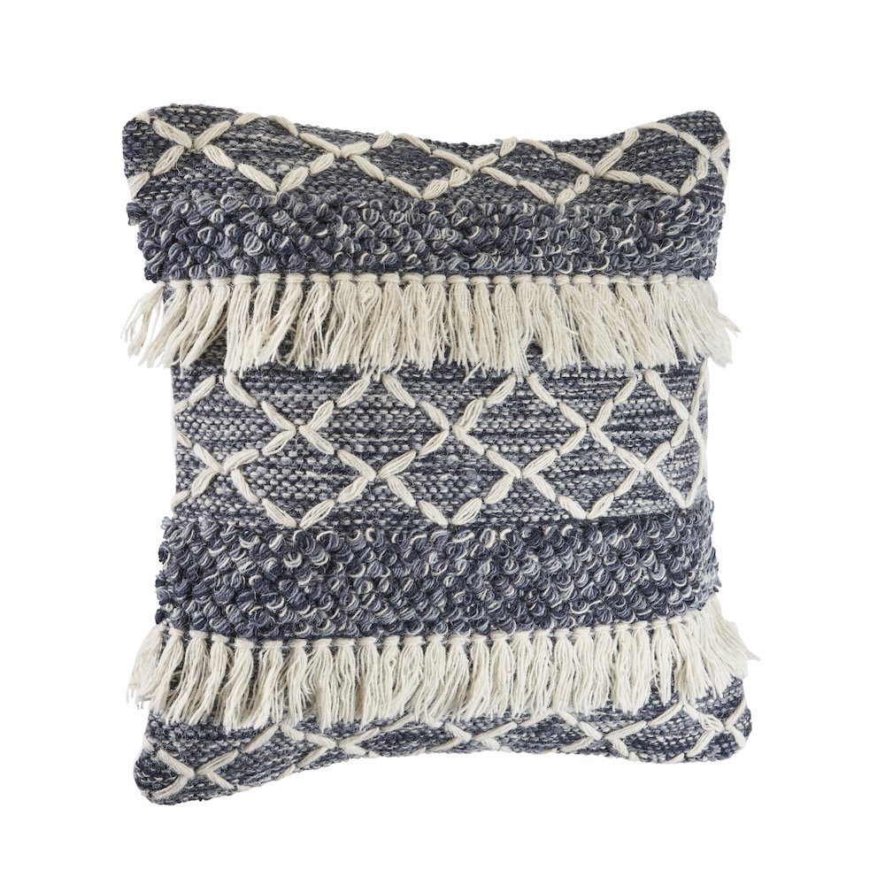 Navy and Ivory Textured with Fringe Throw Pillow. Picture 5