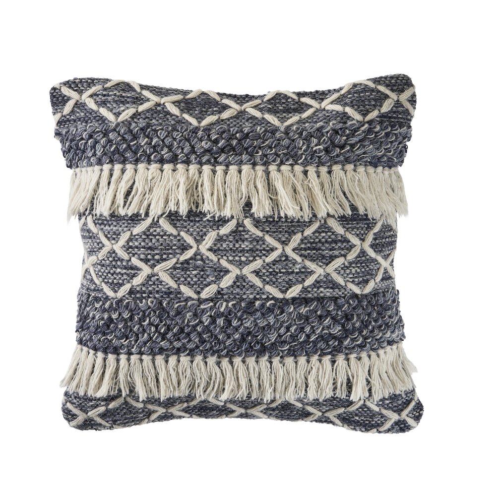 Navy and Ivory Textured with Fringe Throw Pillow. Picture 1