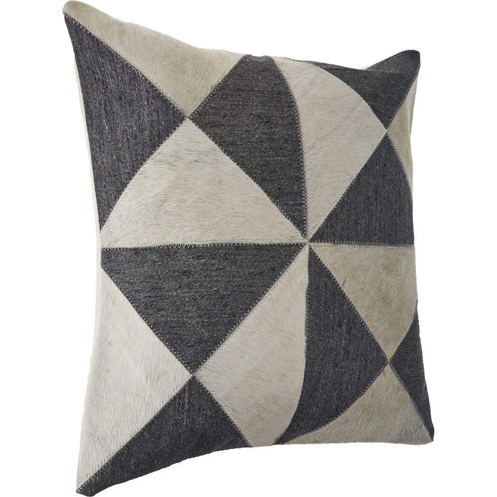 Charcoal and White Geometric Faux Leather Hide Throw Pillow. Picture 4