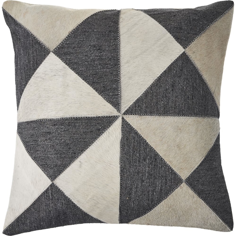 Charcoal and White Geometric Faux Leather Hide Throw Pillow. Picture 1