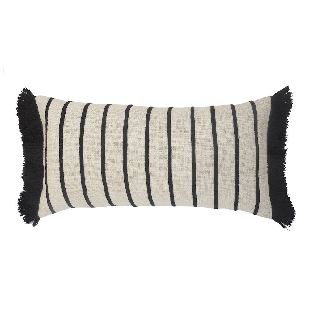 Striped Ivory and Black Fringe Pillow. Picture 1