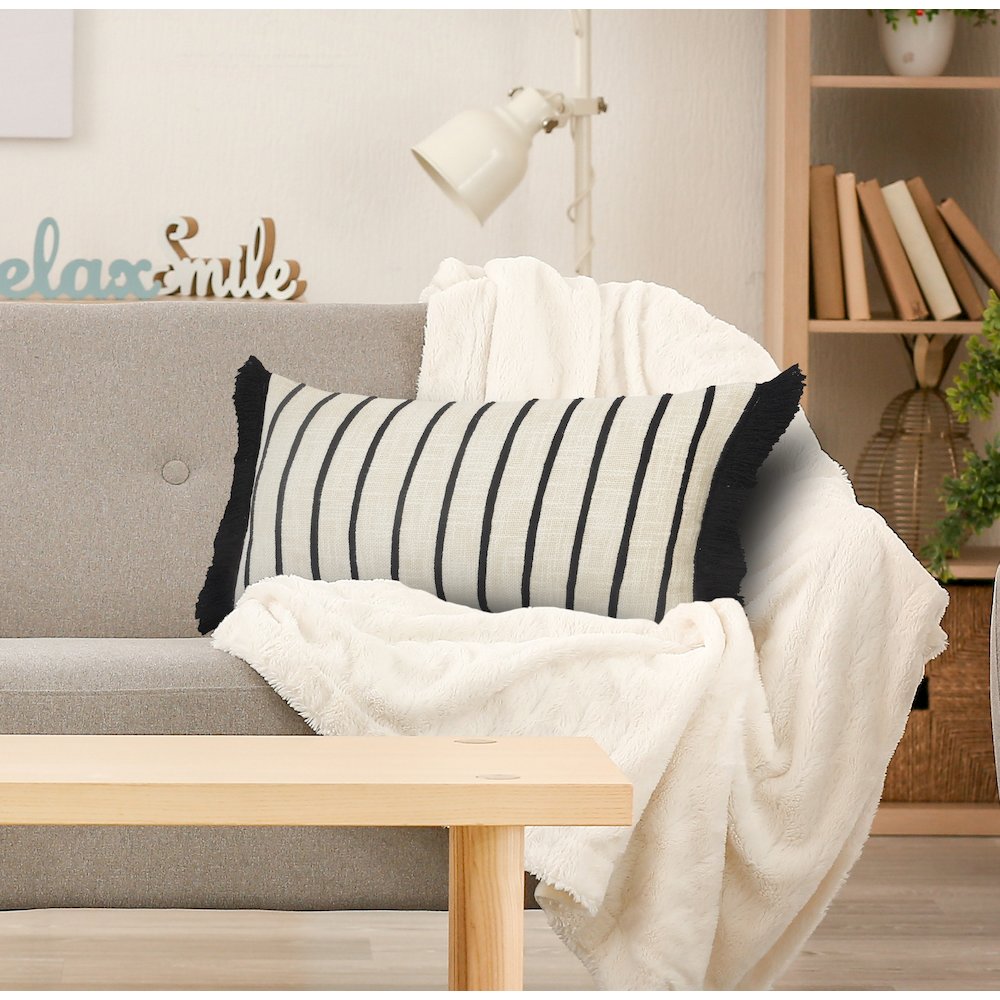 Striped Ivory and Black Fringe Pillow. Picture 7