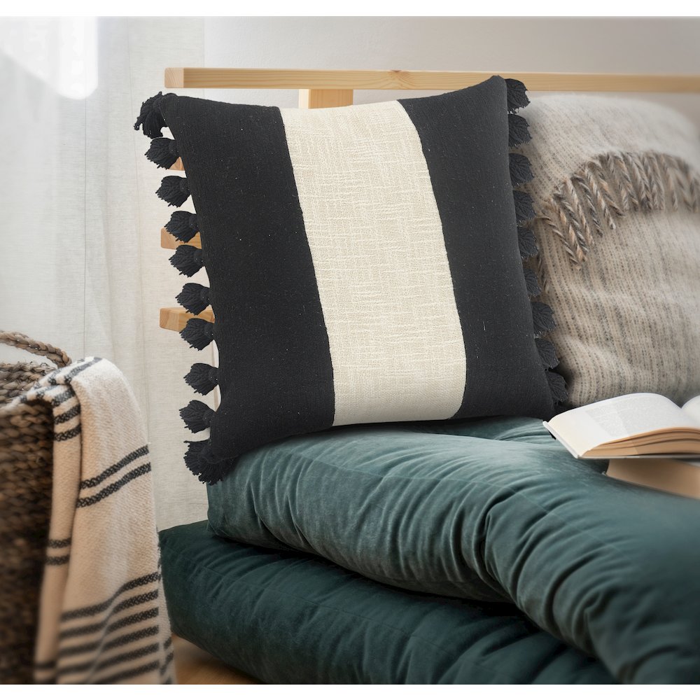 Tri-Stripe Black and Ivory Fringe Pillow. Picture 7