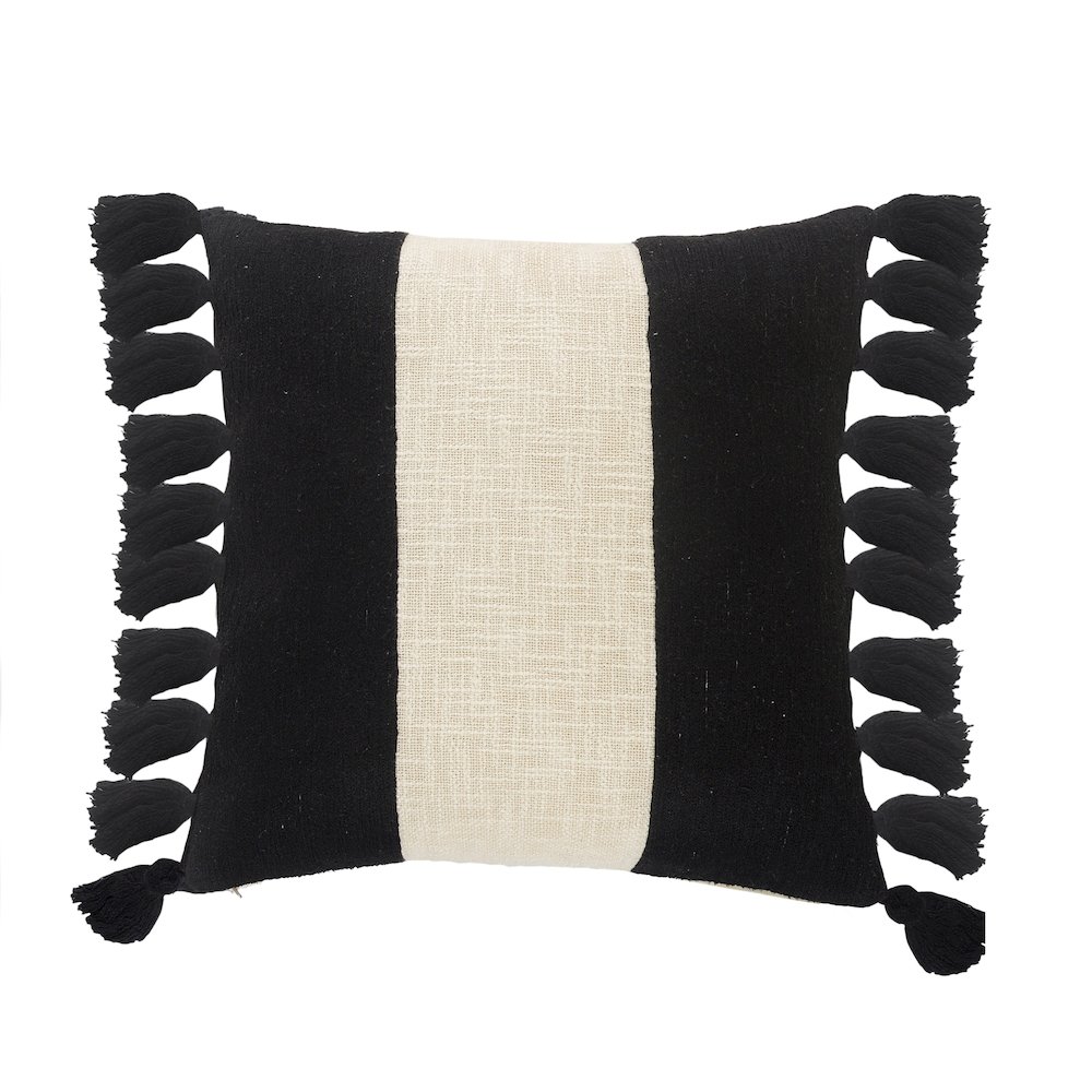 Tri-Stripe Black and Ivory Fringe Pillow. Picture 1