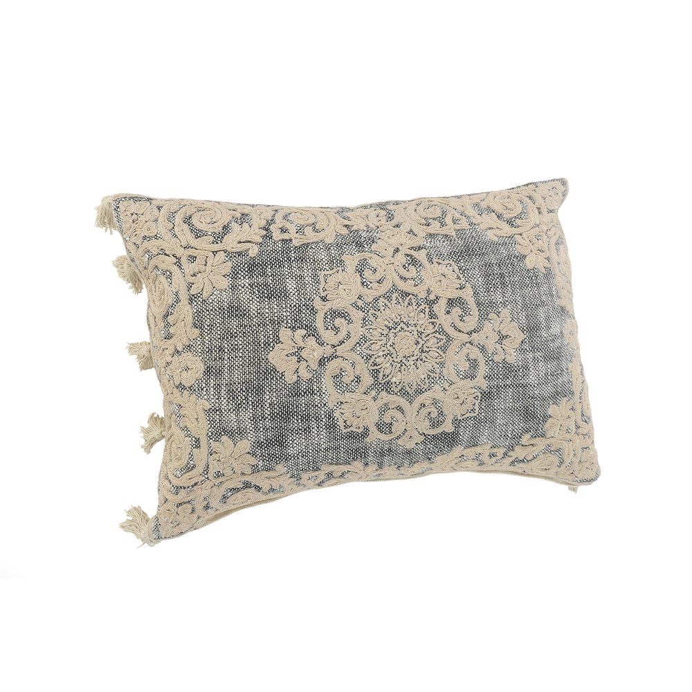 Medallion and Bordered Gray and Ivory Throw Pillow. Picture 4