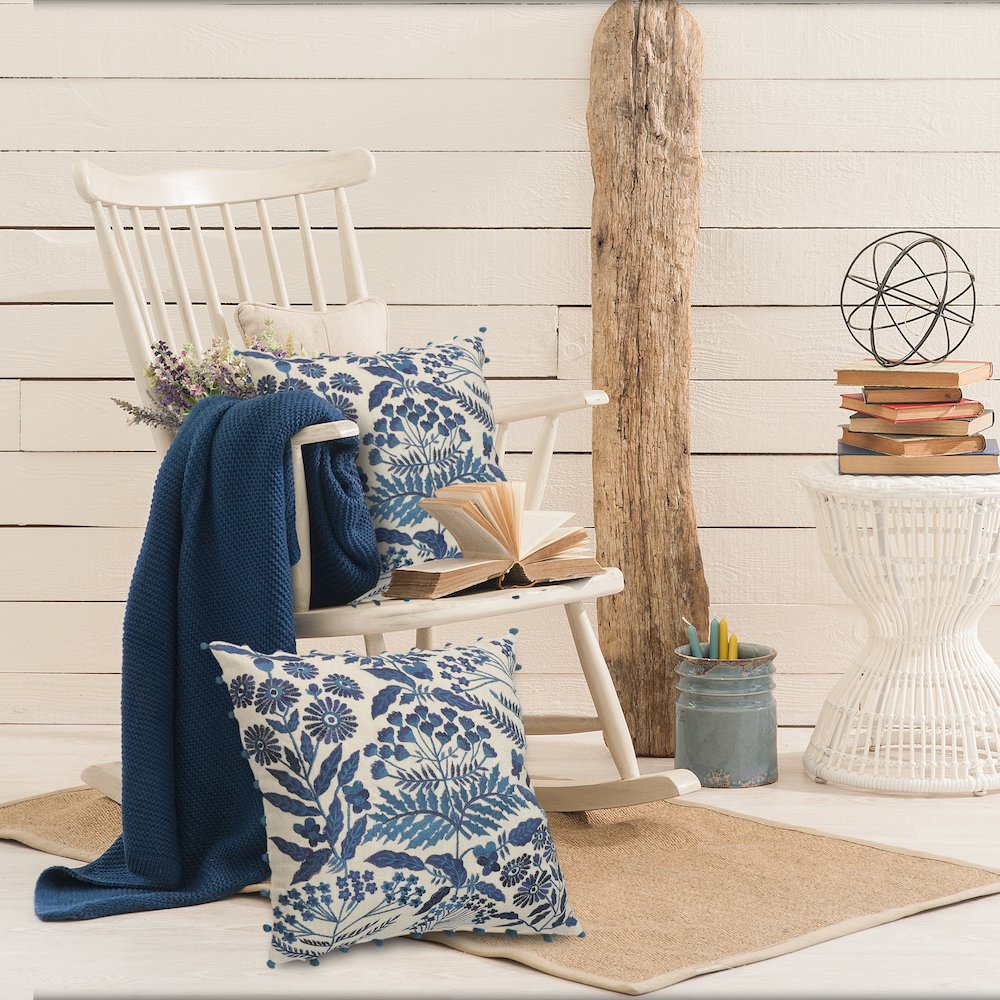 Off-White and Navy Bohemian Floral Throw Pillow. Picture 8