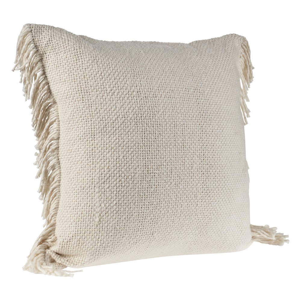 Solid Ivory Woven Throw Pillow with Fringe. Picture 5