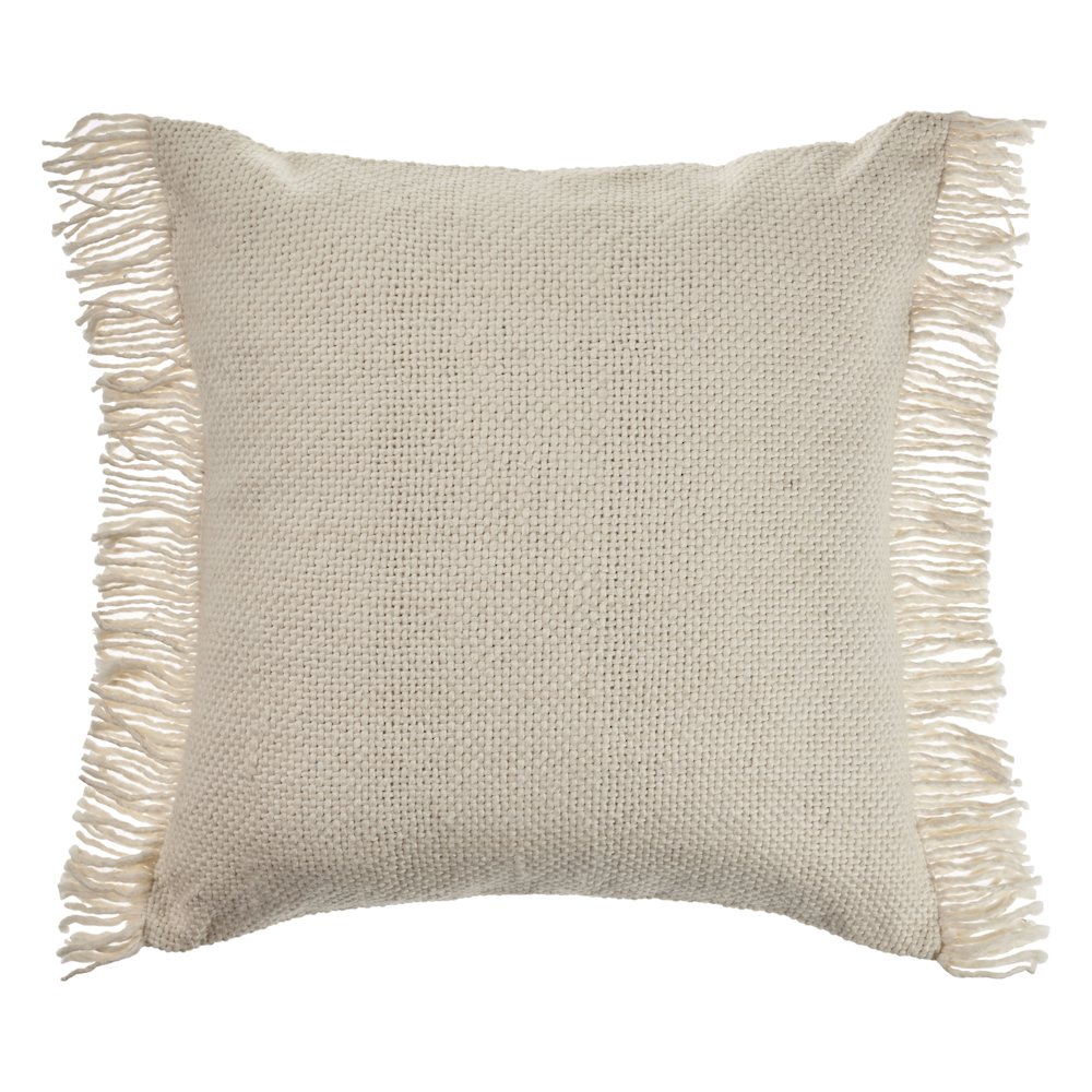 Solid Ivory Woven Throw Pillow with Fringe. Picture 1