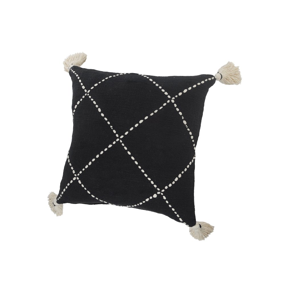Black and White Geometric Tasseled Throw Pillow. Picture 5