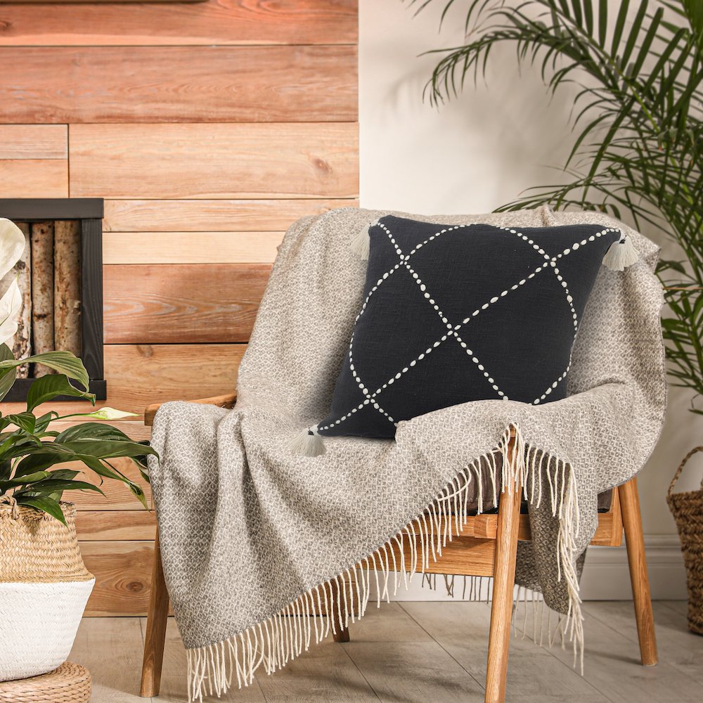 Black and White Geometric Tasseled Throw Pillow. Picture 7