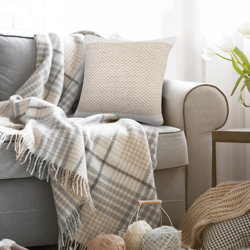 Ivory and Jute Interwoven Bordered Throw Pillow. Picture 7