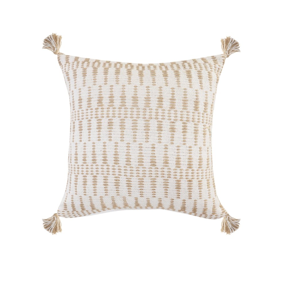 Ivory and Jute Geometric and Tasseled Throw Pillow. Picture 1