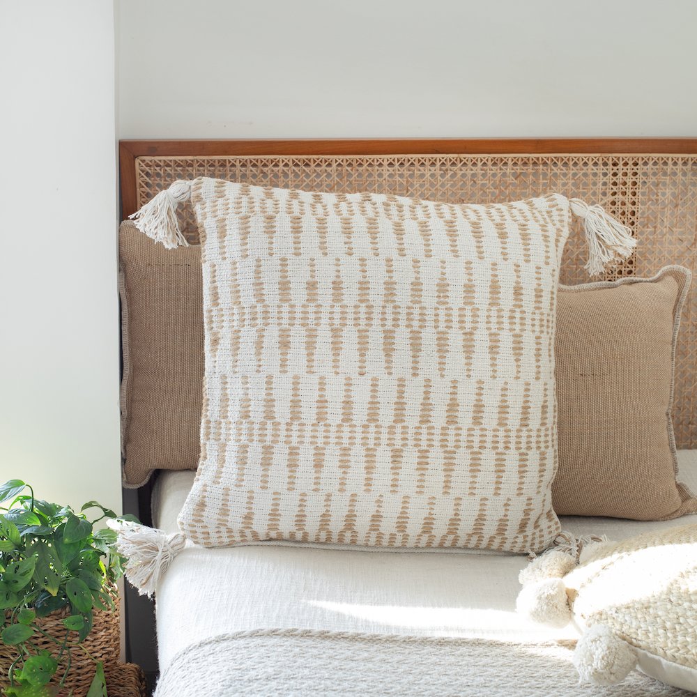 Ivory and Jute Geometric and Tasseled Throw Pillow. Picture 8