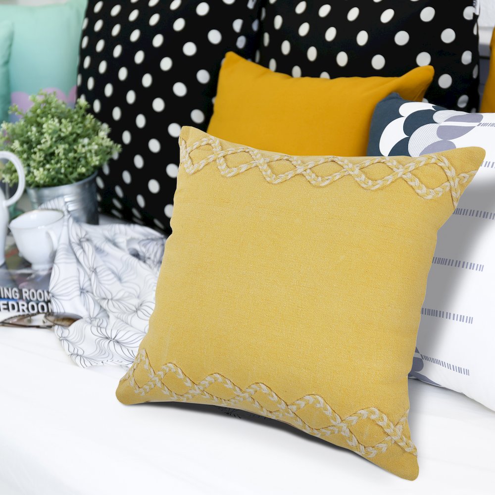 Geometric Bordered Solid Yellow Throw Pillow. Picture 2