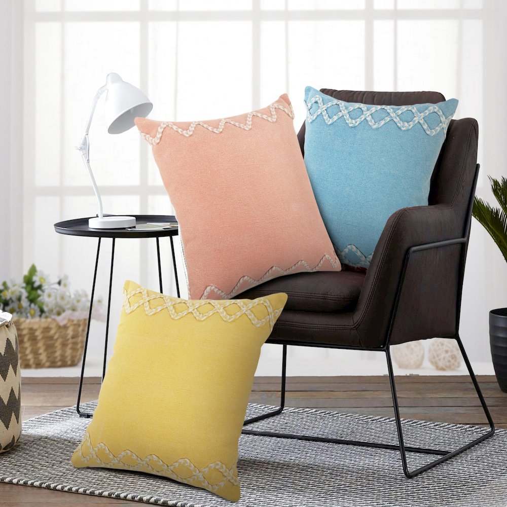 Geometric Bordered Solid Yellow Throw Pillow. Picture 5