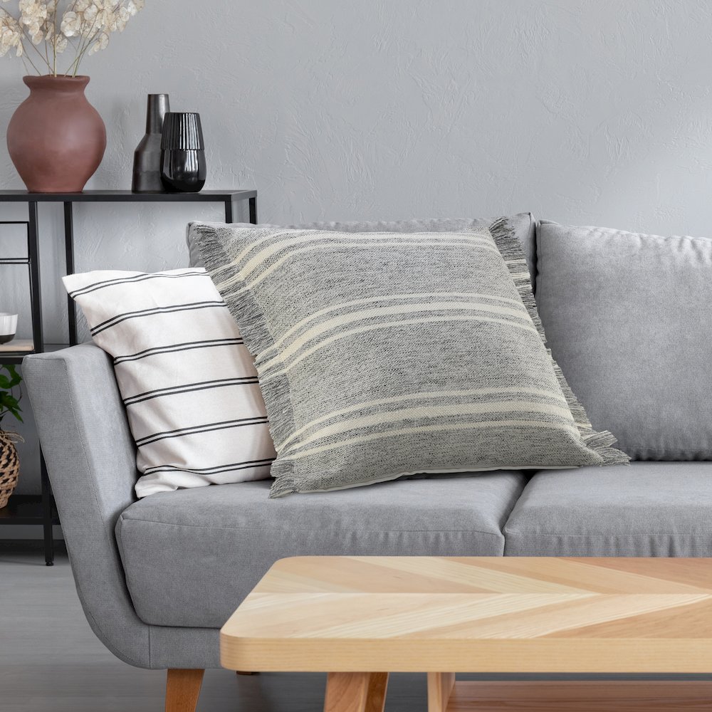 Farmhouse Triple Stripe Throw Pillow with Fringe. Picture 9