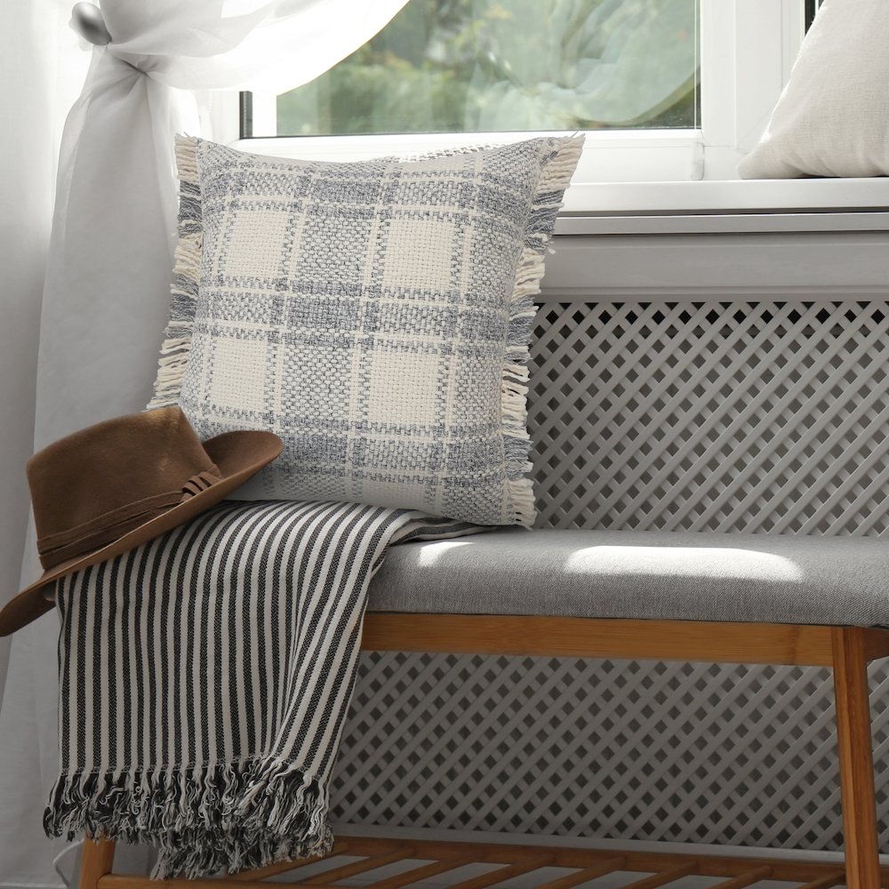 Charles Casual Plaid Cabin Throw Pillow with Fringe. Picture 9