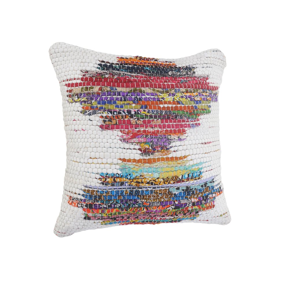 White and Multicolored Chindi Geometric Throw Pillow. Picture 5