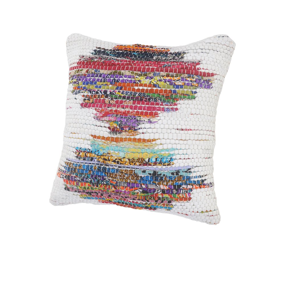 White and Multicolored Chindi Geometric Throw Pillow. Picture 6