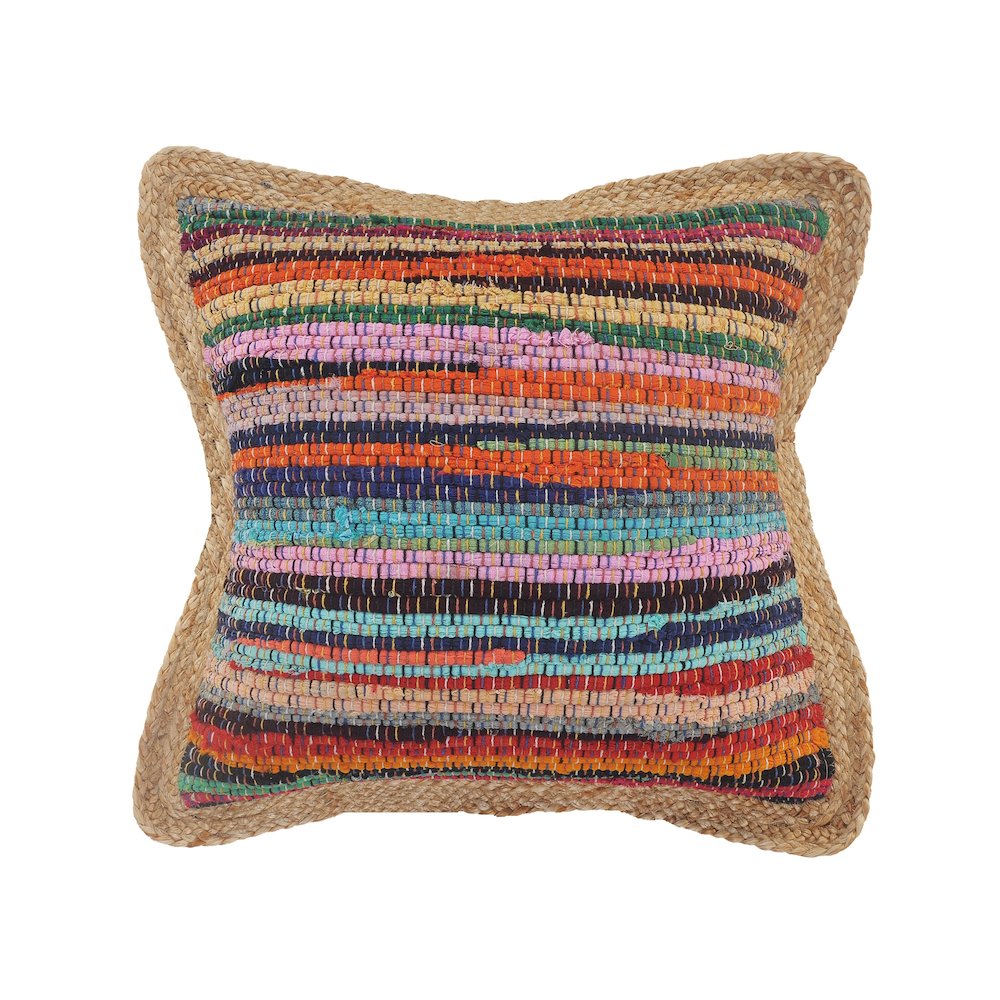 Evette Rios Riley Multicolored Chindi Jute Bordered Throw Pillow. Picture 1