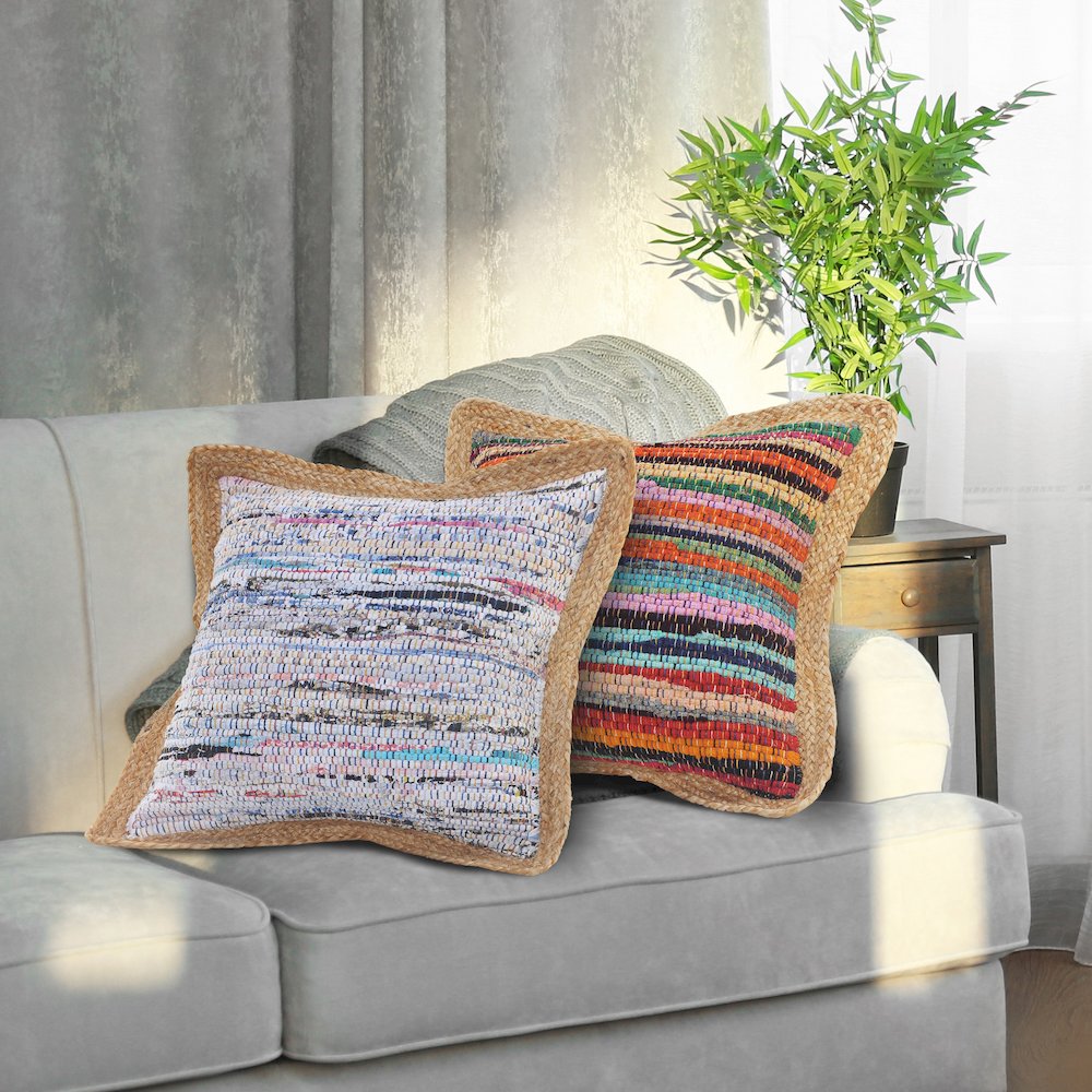 Riley Cotton and Jute Pillow Set of 2 in Multicolored/Tan, 20" x 20". Picture 9