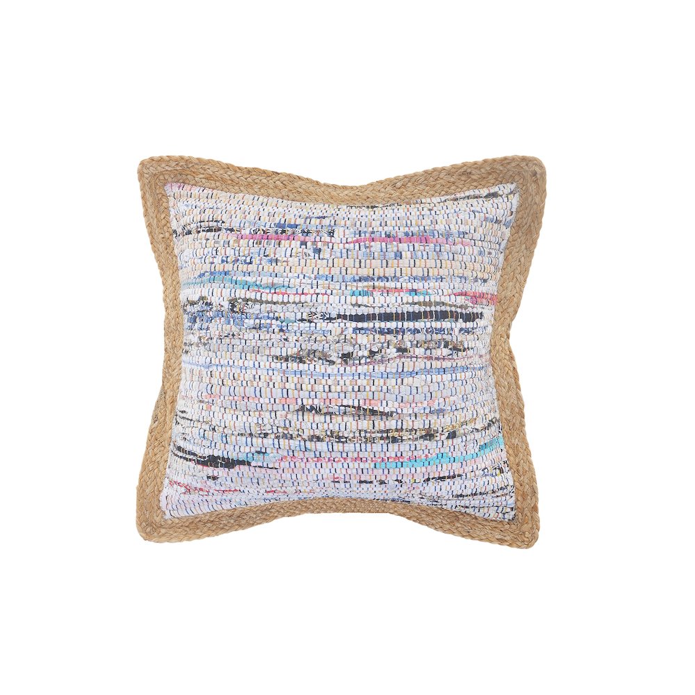 White Multicolored Chindi Jute Bordered Throw Pillow. Picture 1