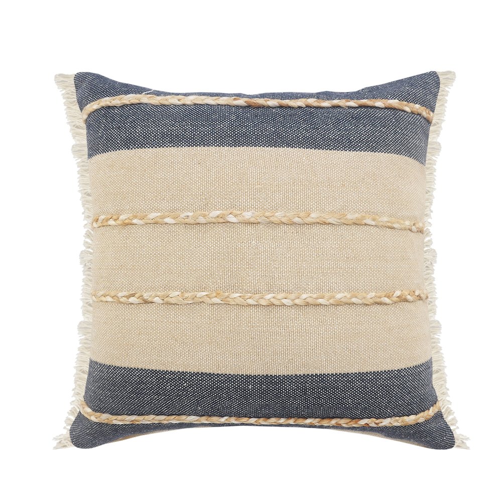 Atlantis Denim Blue and Taupe Throw Pillow with Jute Braiding and Fringe. Picture 1