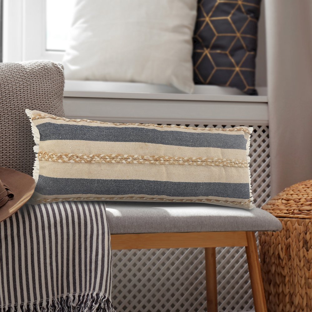 Atlantis Coastal Striped Lumbar Pillow with Jute Braiding and Fringe. Picture 9
