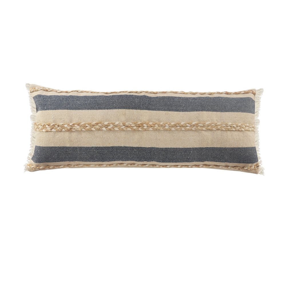 Atlantis Coastal Striped Lumbar Pillow with Jute Braiding and Fringe. Picture 1