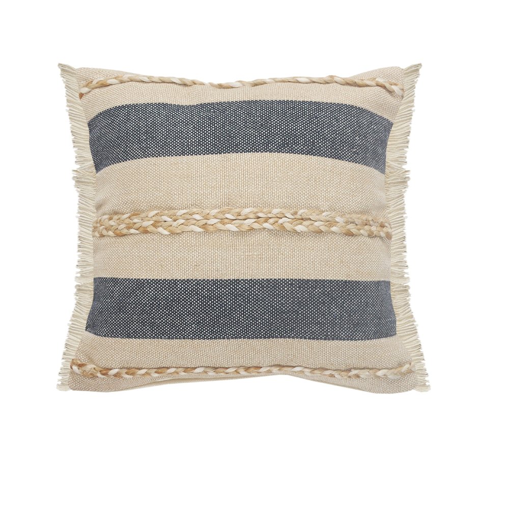 Atlantis Coastal Striped Throw Pillow with Jute Braiding and Fringe. Picture 1