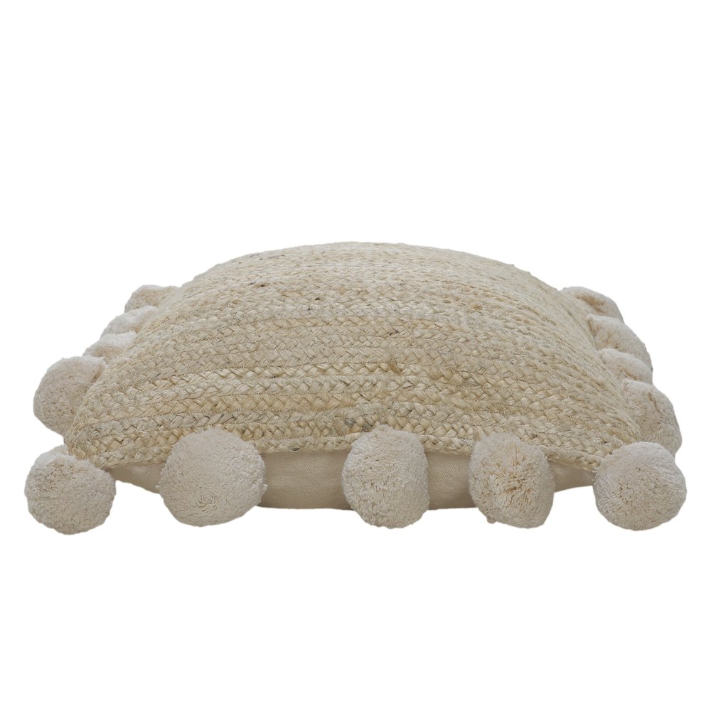 Natural Jute Throw Pillow with Pom Poms Border. Picture 4