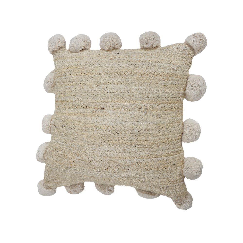 Natural Jute Throw Pillow with Pom Poms Border. Picture 6