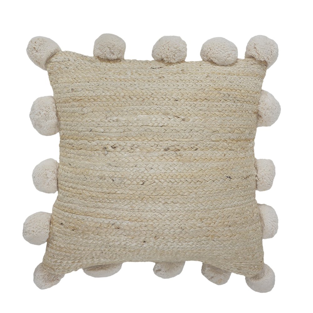 Natural Jute Throw Pillow with Pom Poms Border. Picture 1