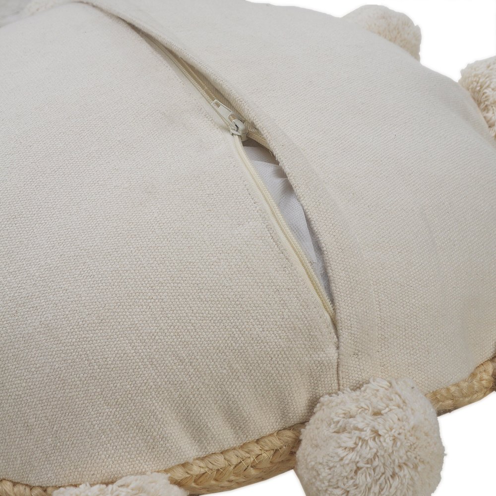 Round Natural Jute Throw Pillow with Pom Pom Border. Picture 3